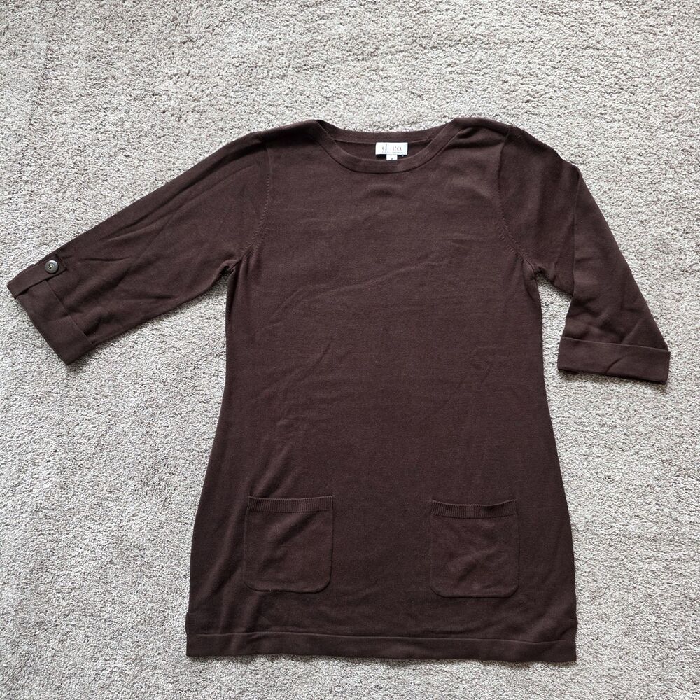 Denim & Co Brown Sweater Tunic M 3/4 Fixed Roll Tab Sleeve Pockets A226394 FLAW